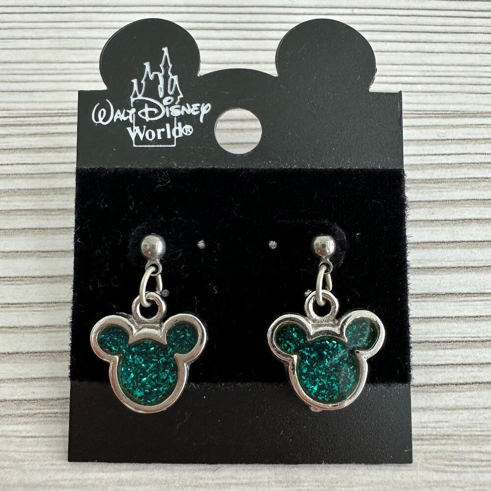 Vintage Mickey Mouse Green Glitter Dangling Earrings